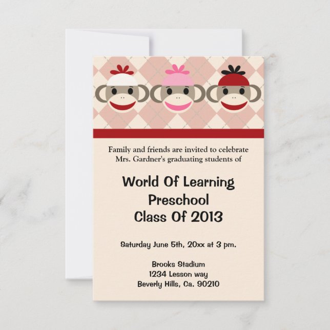 Invitación Graduación De Preescolar O Kindergarten En Monos S (Anverso)