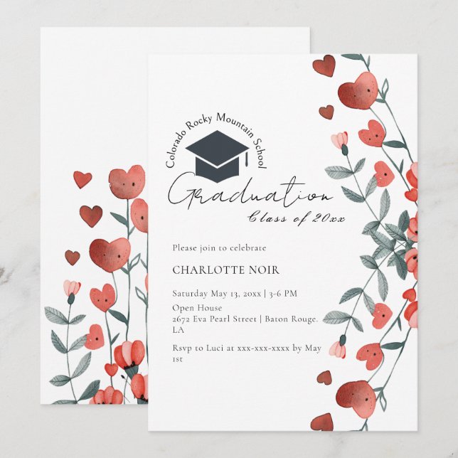 Invitación Graduación de Primavera Floral Cardíaca Romántica (Anverso / Reverso)