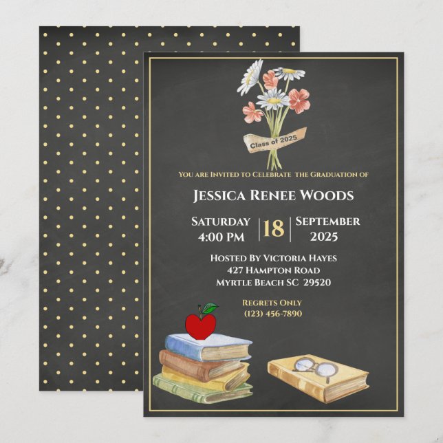 Invitación Graduación de profesores de flores en libros de pi (Anverso / Reverso)