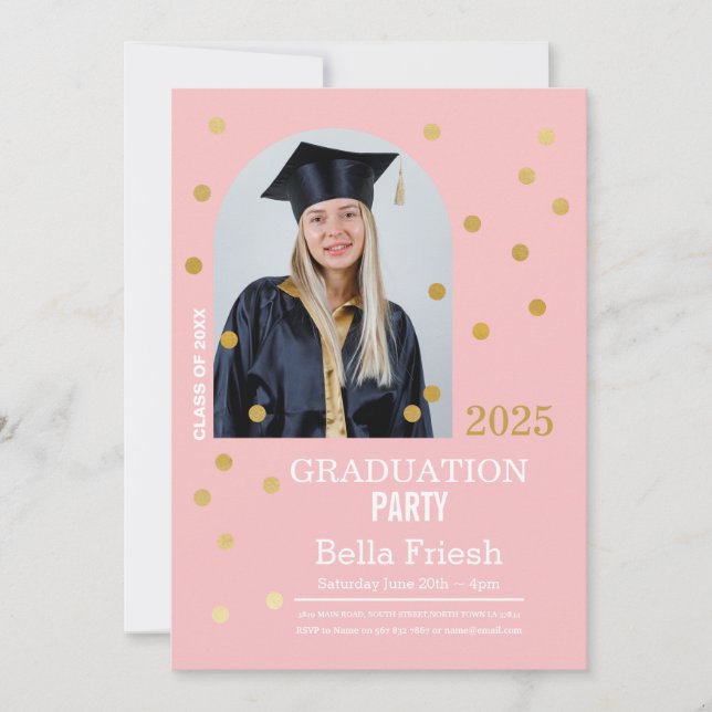 Invitación Graduación de Punto Polka Foto de Oro Rosa Confett (Anverso)