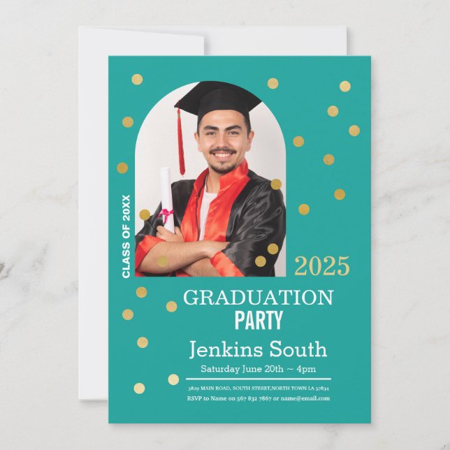 Invitación Graduación de Punto Polka Foto de oro Verde azulad (Anverso)