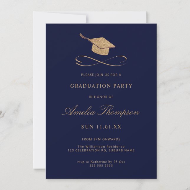 Invitación Graduación de Purpurina de la Marina Blue & Gold F (Anverso)