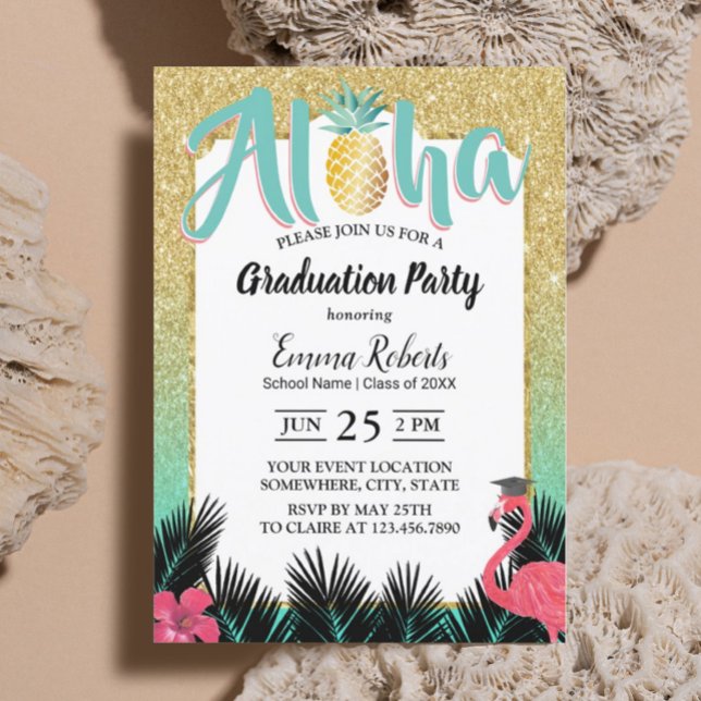 Invitación Graduación de Purpurina de Oro Aloha de Piña Tropi (Subido por el creador)