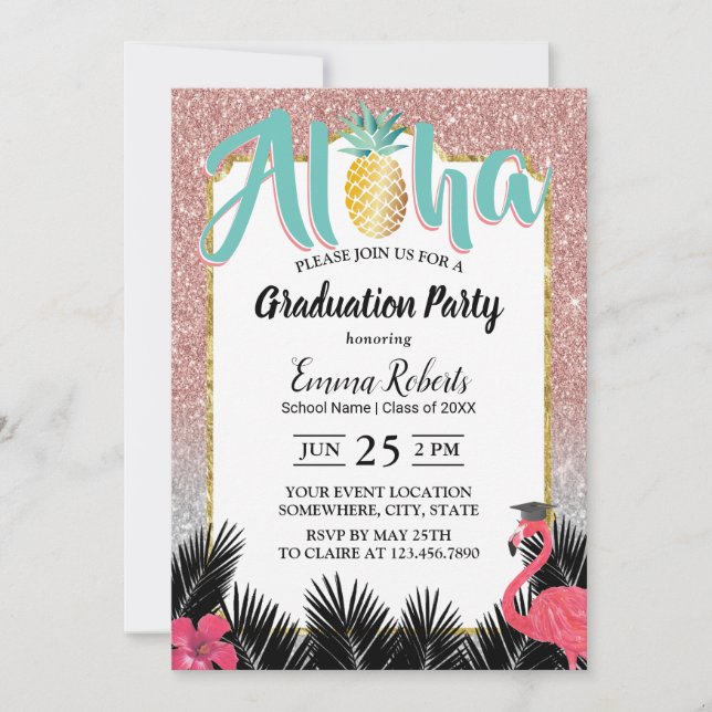 Invitación Graduación de Purpurina de oro Rosa de piña tropic (Anverso)