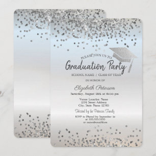 Invitación Graduación de Purpurina de Plata Cap Confetti