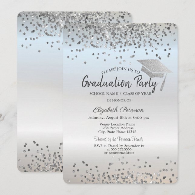 Invitación Graduación de Purpurina de Plata Cap Confetti (Anverso / Reverso)