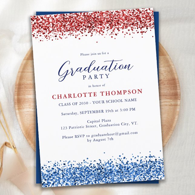 Invitación Graduación de Purpurina moderno azul blanco rojo p (Subido por el creador)