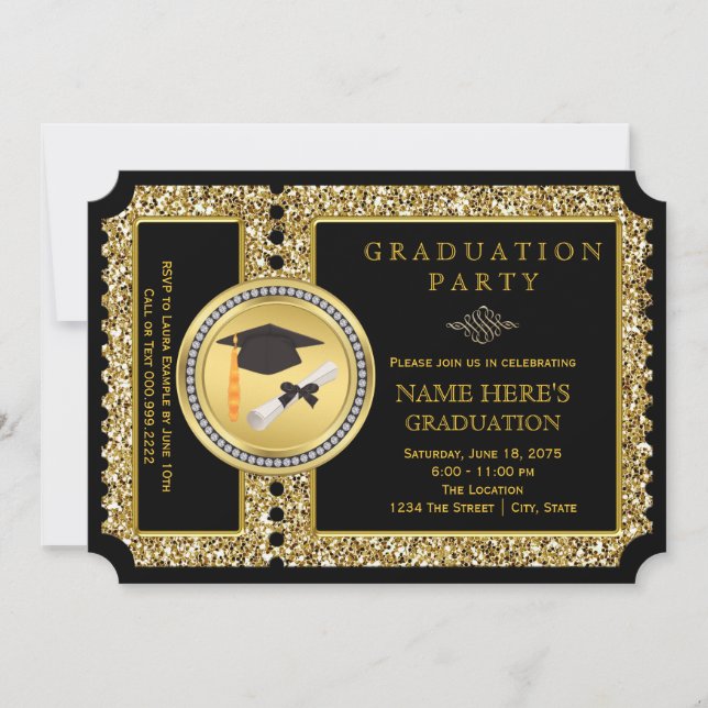 Invitación Graduación de Purpurina negro y dorado (Anverso)