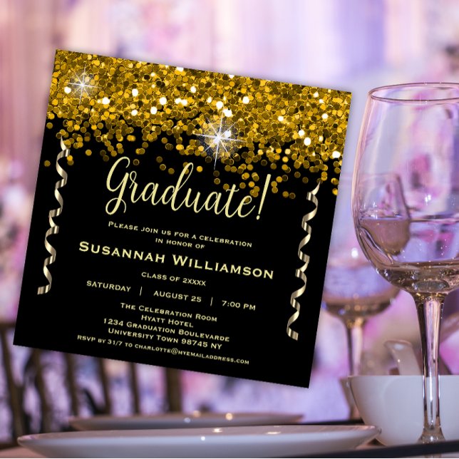 Invitación Graduación de Purpurina negro y dorado (Subido por el creador)