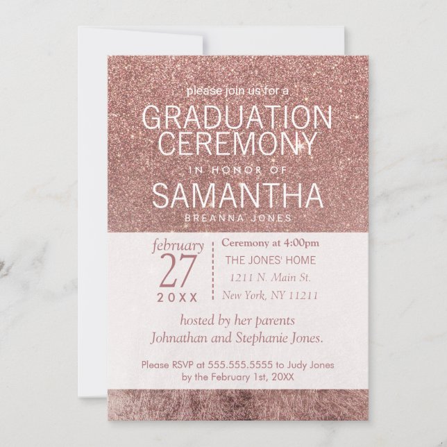 Invitación Graduación de Relieve metalizado Rosa  Purpurina d (Anverso)