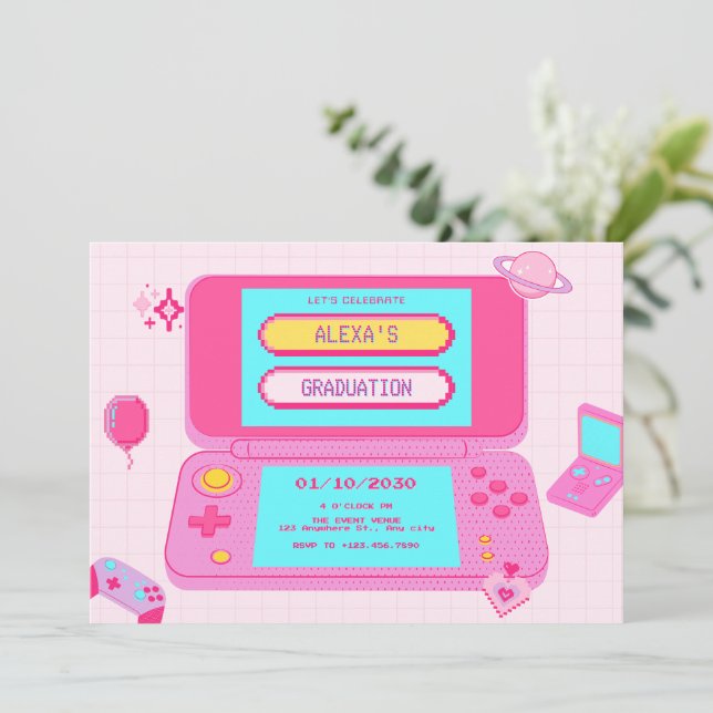 Invitación Graduación de retro de juego rosa (Anverso de pie)