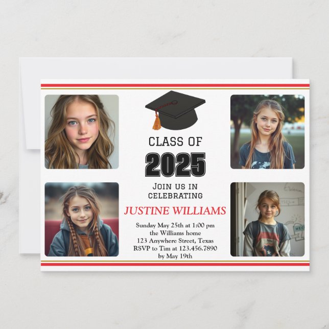 Invitación Graduación de rojo y oro (Anverso)