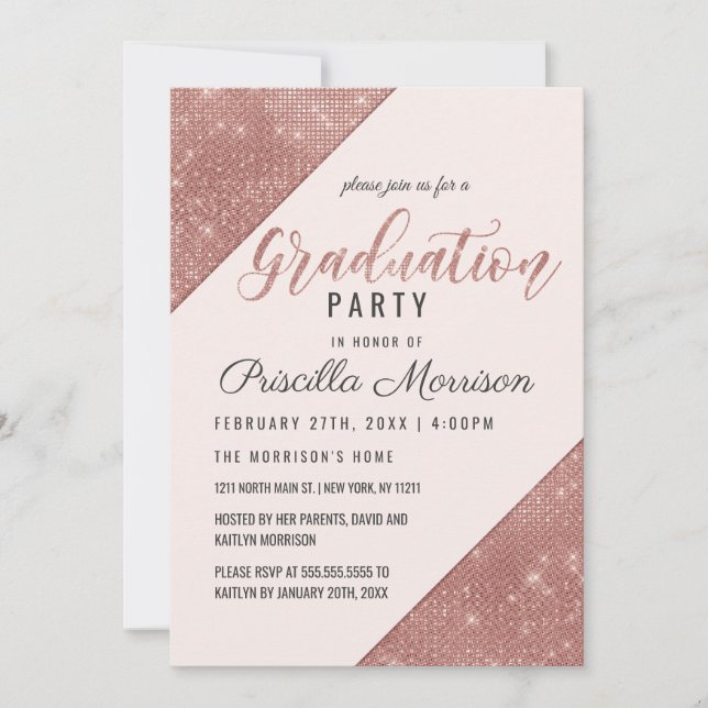 Invitación Graduación de Rosa de Purpurina de esparkling de o (Anverso)
