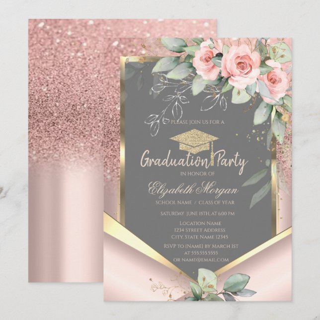 Invitación Graduación de Rosas de Rubor Rosa Gold Purpurina (Anverso / Reverso)