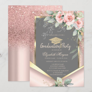 Invitación Graduación de Rosas de Rubor Rosa Gold Purpurina