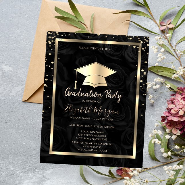 Invitación Graduación de Rosas Negros Diamonds Gold Grad Cap (Subido por el creador)