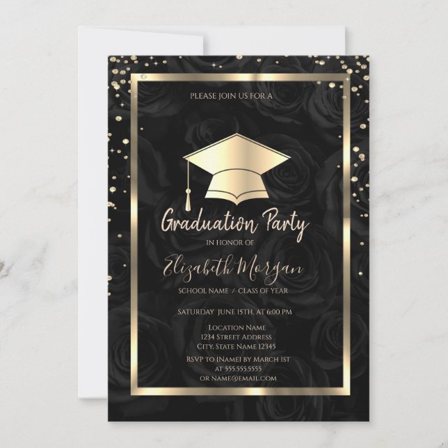 Invitación Graduación de Rosas Negros Diamonds Gold Grad Cap (Anverso)