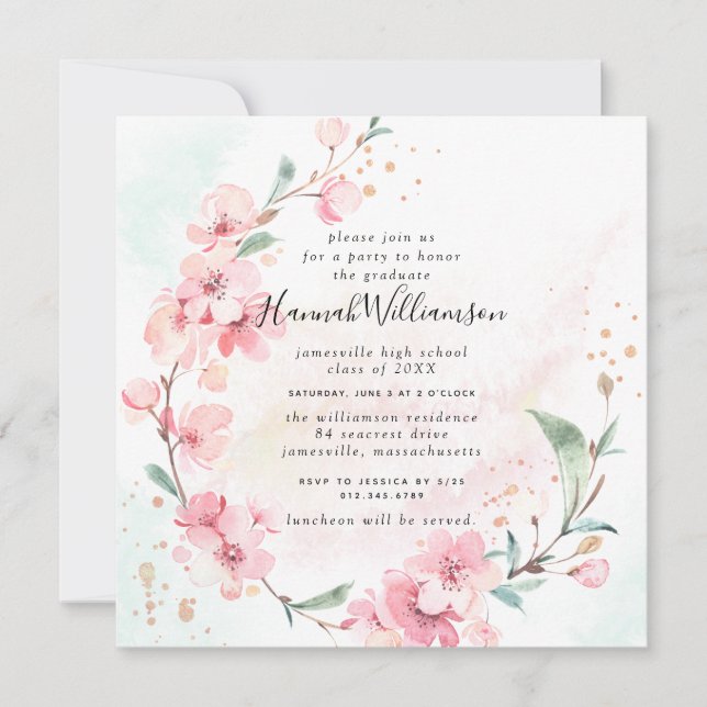 Invitación Graduación de Rubor Pink Cherry Blossoms Square (Anverso)
