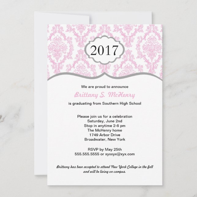 Invitación Graduación de secundaria Damask invita rosa y gris (Anverso)