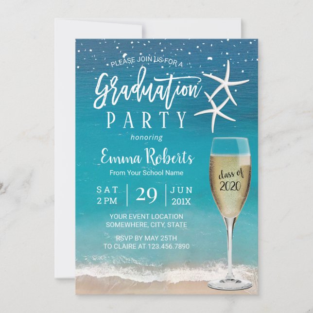 Invitación Graduación de Starfish & Champagne Glass (Anverso)