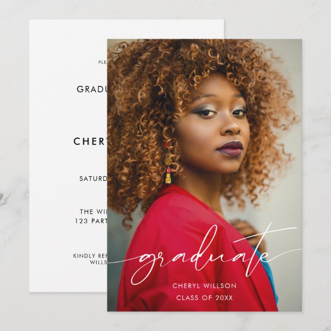 Invitación Graduación de superposición de foto de escritura n (Anverso / Reverso)