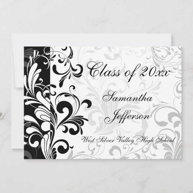 Invitación Graduación de Swirl blanco y negro caprichosa (Anverso)