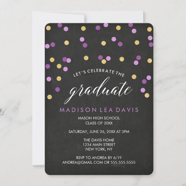 Invitación Graduación de tablero de Chalkboard de Confetti mo (Anverso)