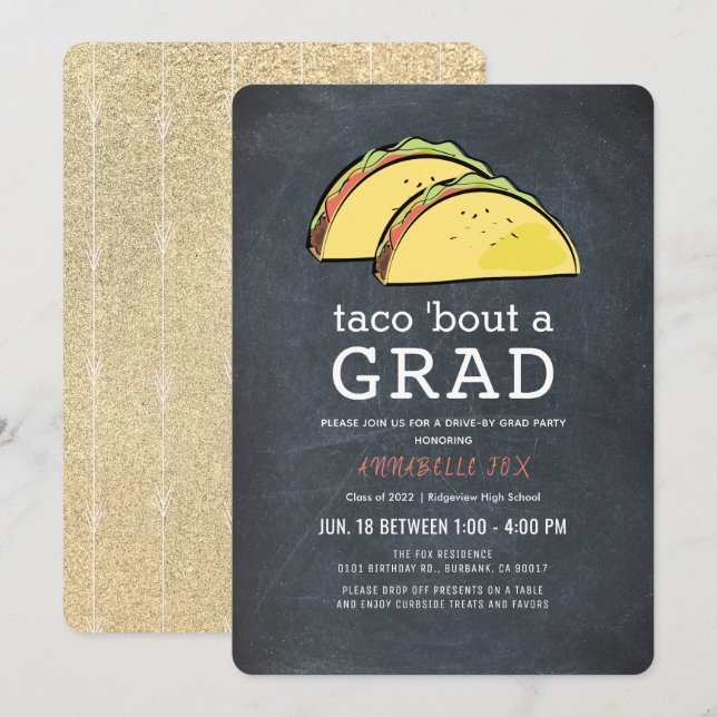 Invitación Graduación de Taco Bout GRAD Chalkboard Gold Drive (Anverso / Reverso)