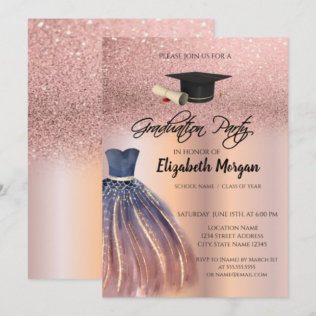 Invitación Graduación de tapón de Moda de Rosa Purpurina de o (Anverso / Reverso)