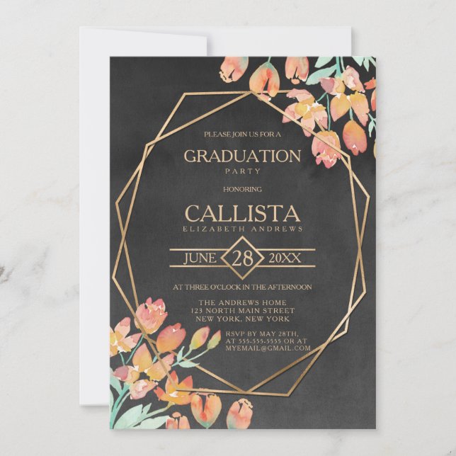 Invitación Graduación de Terrario Floral Negro de Oro naranja (Anverso)