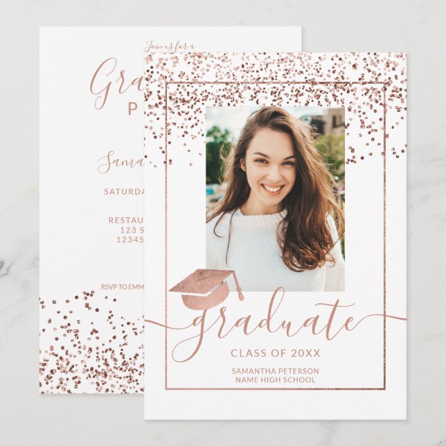 Invitación graduación de tipografía blanca de confeti de oro  (Anverso / Reverso)