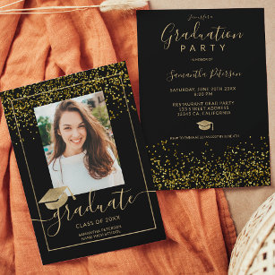 Invitación graduación de tipografía negra de moda oro confett