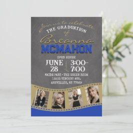 Invitación Graduación de tira de película Blue & Gold Chalkbo