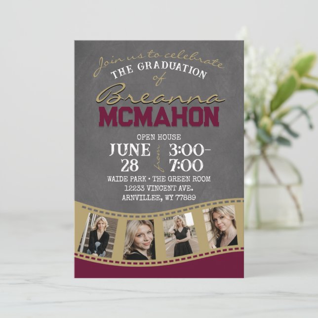 Invitación Graduación de tira de película de cartón de borgoñ (Anverso de pie)