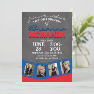 Invitación Graduación de tira de película de cartón rojo y az
