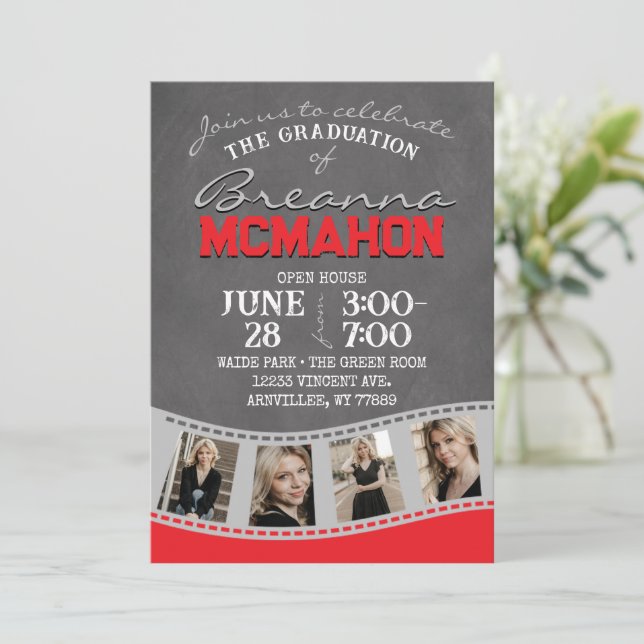 Invitación Graduación de tira de película de cromboard gris r (Anverso de pie)