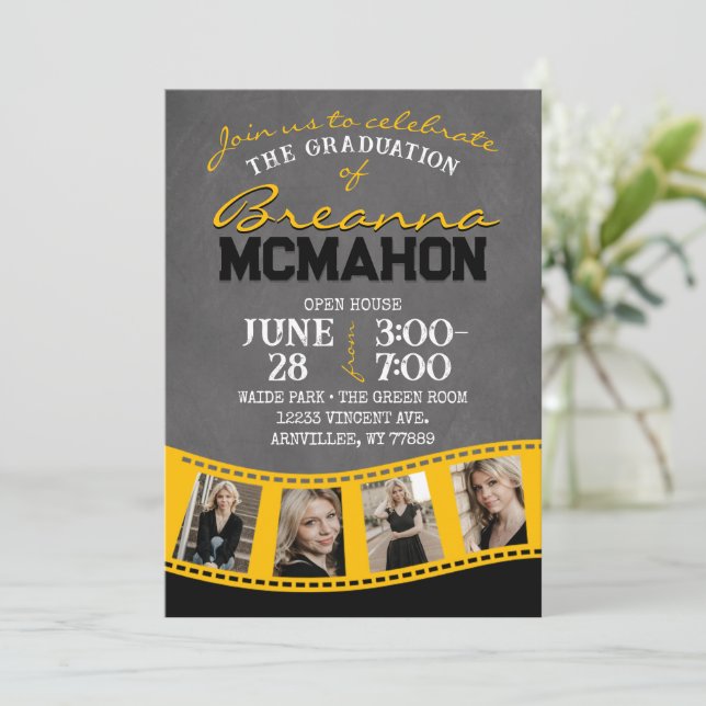 Invitación Graduación de tira de película de croquis negro y  (Anverso de pie)