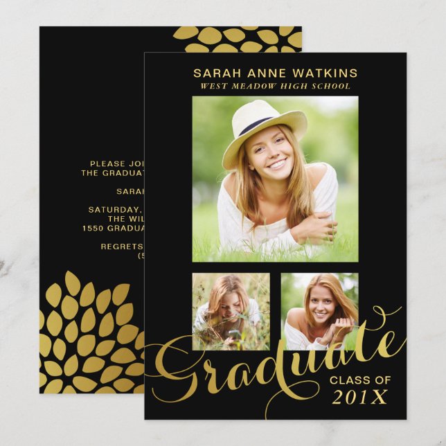 Invitación Graduación de tres fotografías en Black Gold Scrip (Anverso / Reverso)