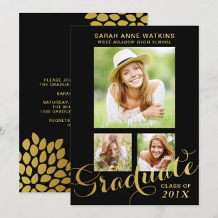 Invitación Graduación de tres fotografías en Black Gold Scrip