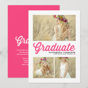 Invitación Graduación de tres fotos con letra retro rosa inte