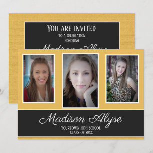 Invitación Graduación de tres fotos modernas en amarillo y ne
