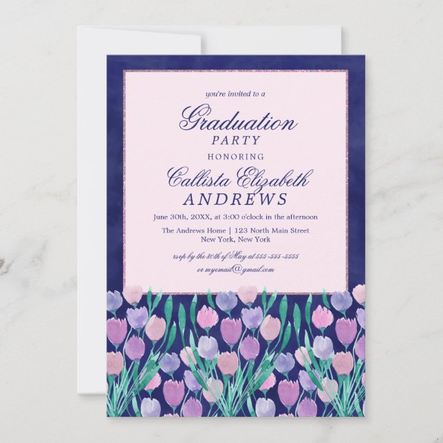 Invitación Graduación de Tulipanes Azules Rosa Florales en ac (Anverso)