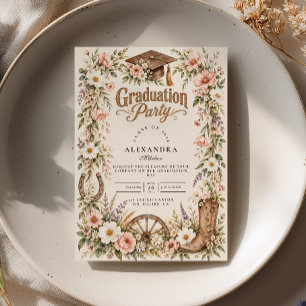 Invitación Graduación de Vaquera con Flor Silvestre Rosa