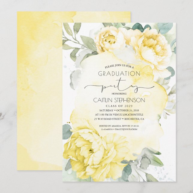 Invitación Graduación de vegetación botánica floral amarilla (Anverso / Reverso)
