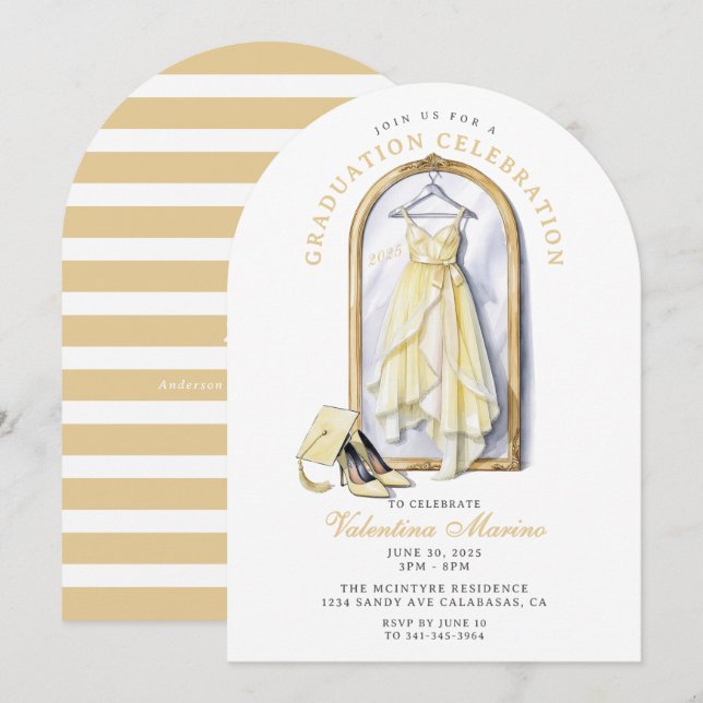 Invitación Graduación de Vestido Amarillo Elegante y Paradisí (Anverso / Reverso)