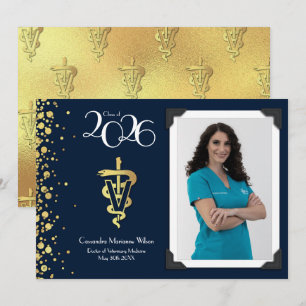Invitación Graduación de Veterinario Azul Marino Dorado