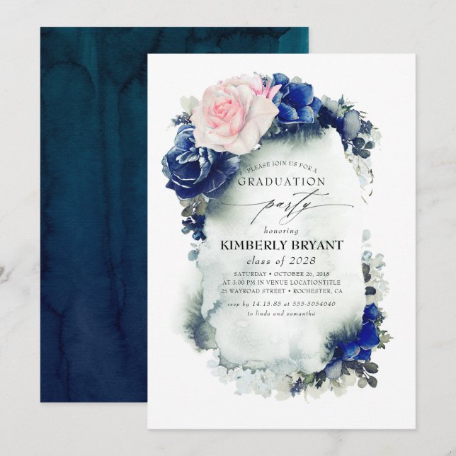 Invitación Graduación de vintage floral azul y rosa de la mar (Anverso / Reverso)