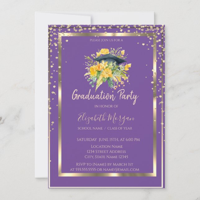 Invitación Graduación de Violeta de Grado Floral de Diamantes (Anverso)