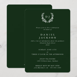 Invitación Graduación de Wreath de monograma blanco/verde osc