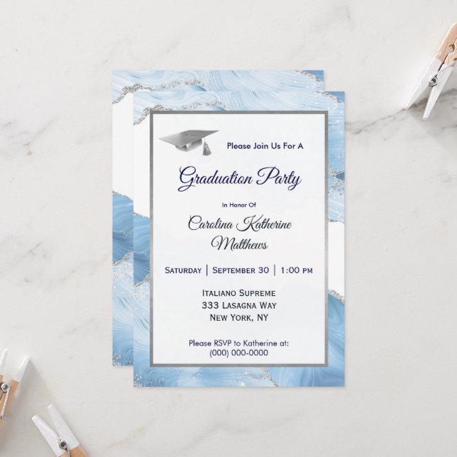 Invitación Graduación del Agate Blue Silver de moda (Anverso/Reverso In Situ)